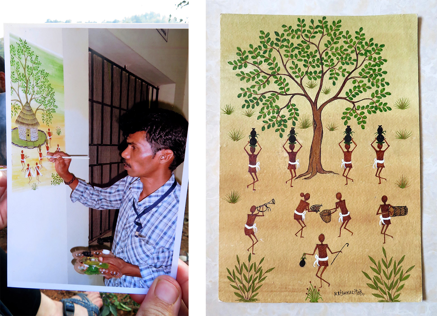 
Left: A photograph of a photo of Krishna while painting. Right: One of his completed artworks
