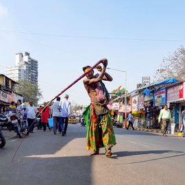 Lakshman Katappa and his family, who belong to the Dhegu Megu ST community from Kodambal village in Karnataka and worship Goddess Mariyamma, dance and whip themselves to earn a living