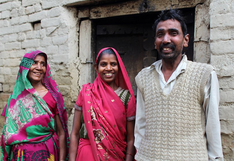 Usha Devi (Dharmendra’s wife, in centre) with her brother Lalji Ram and mother Chutki Devi in the village of Dandopur